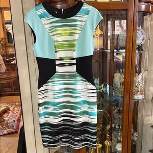 Maggy London Aqua and Black Striped Mini Dress